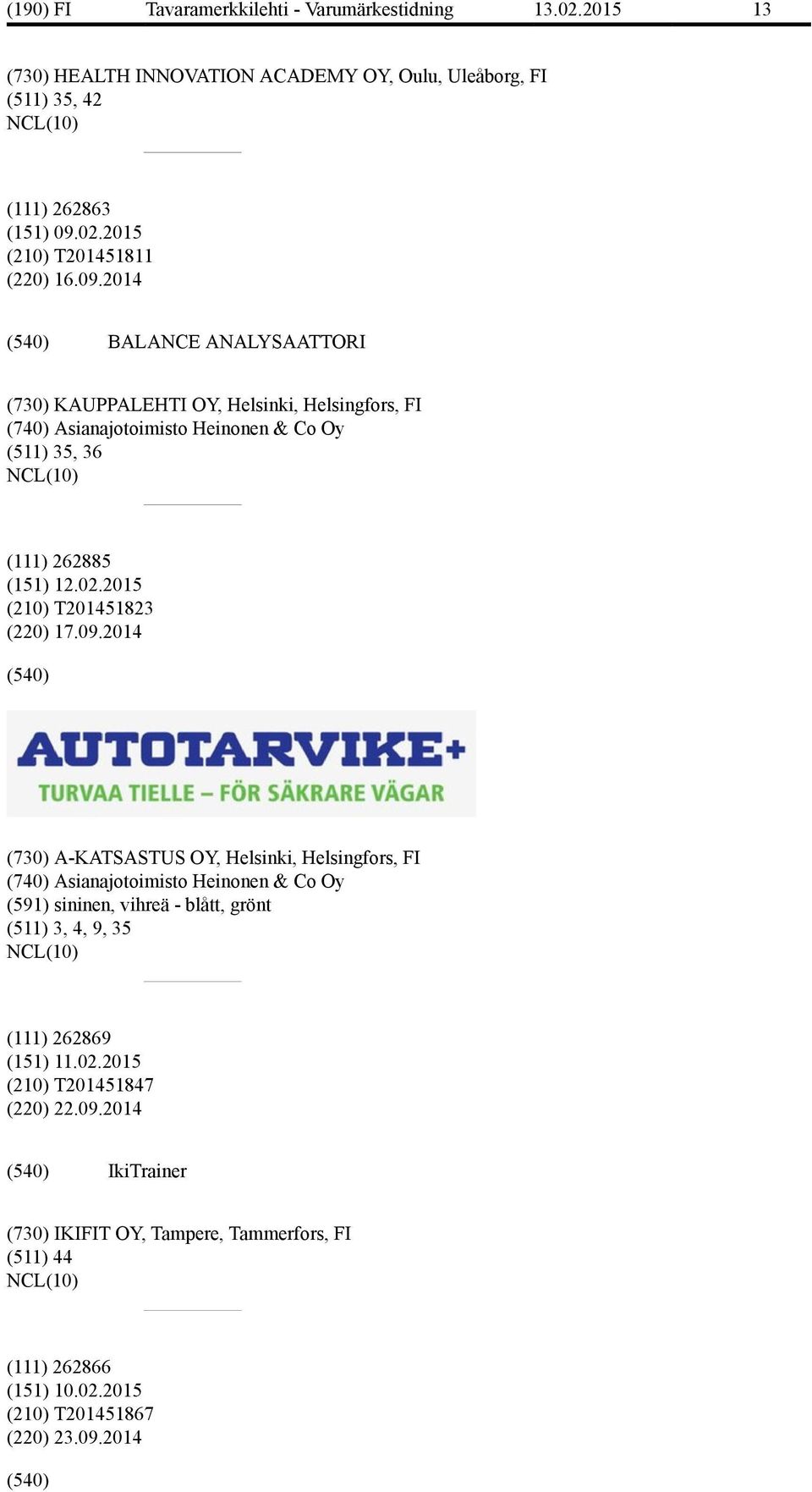 02.2015 (210) T201451847 (220) 22.09.2014 IkiTrainer (730) IKIFIT OY, Tampere, Tammerfors, FI (511) 44 (111) 262866 (151) 10.02.2015 (210) T201451867 (220) 23.09.2014