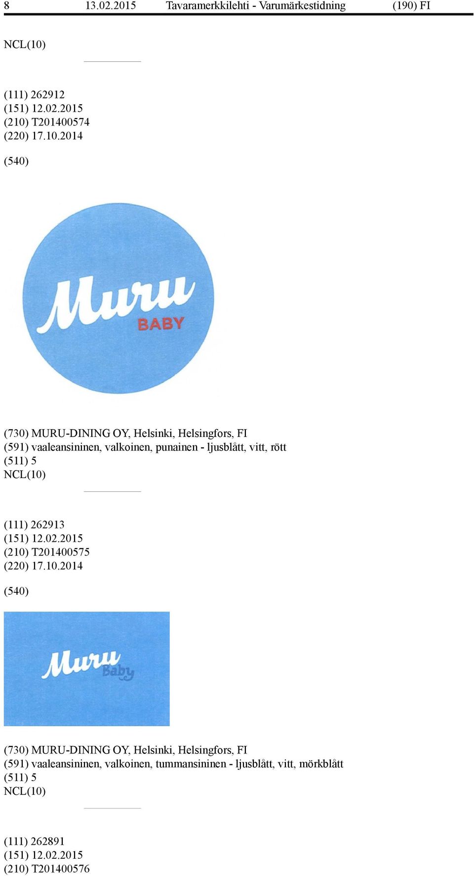 2014 (730) MURU-DINING OY, Helsinki, Helsingfors, FI (591) vaaleansininen, valkoinen, punainen - ljusblått,
