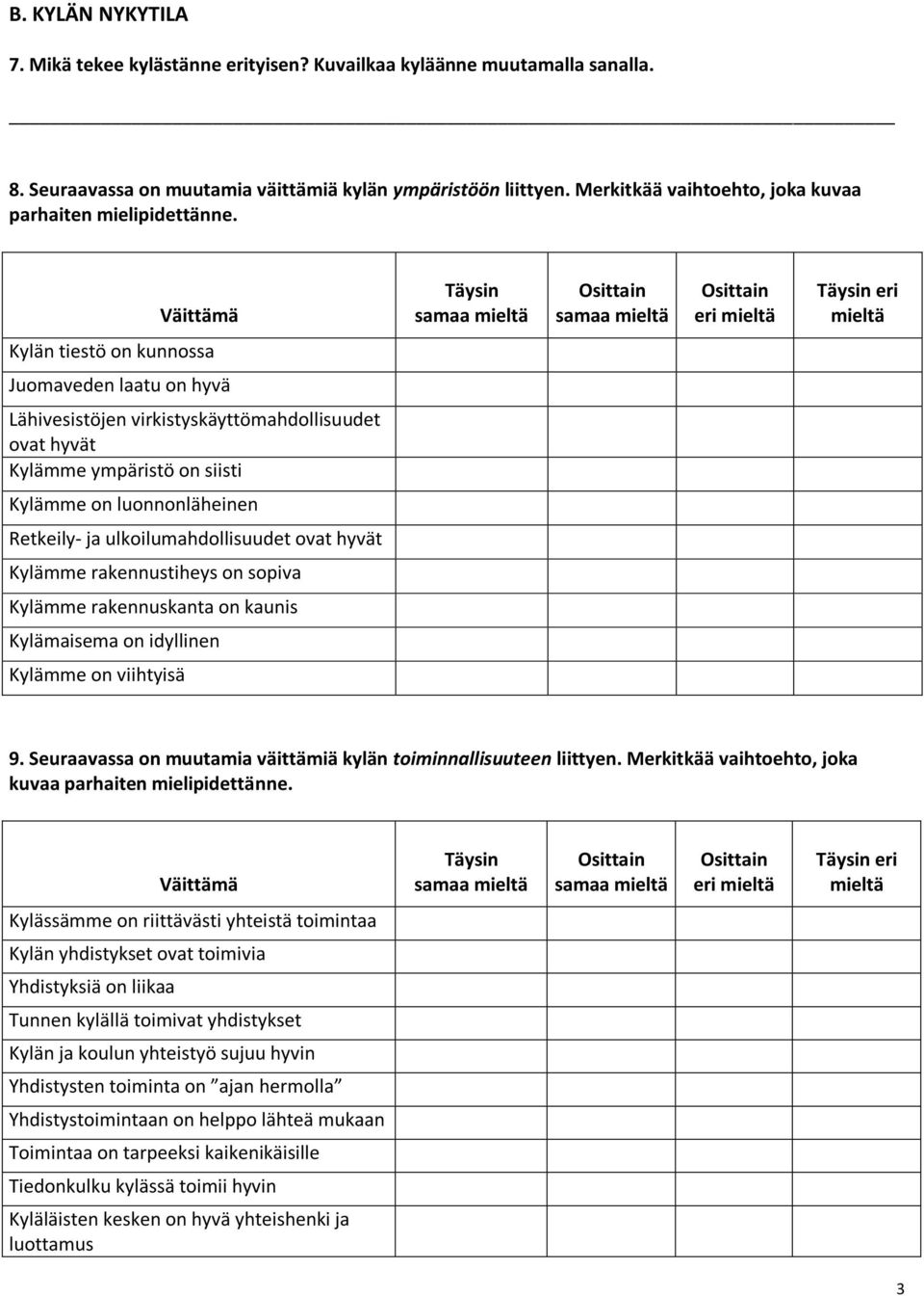 Väittämä Täysin samaa samaa eri Täysin eri Kylän tiestö on kunnossa Juomaveden laatu on hyvä Lähivesistöjen virkistyskäyttömahdollisuudet ovat hyvät Kylämme ympäristö on siisti Kylämme on