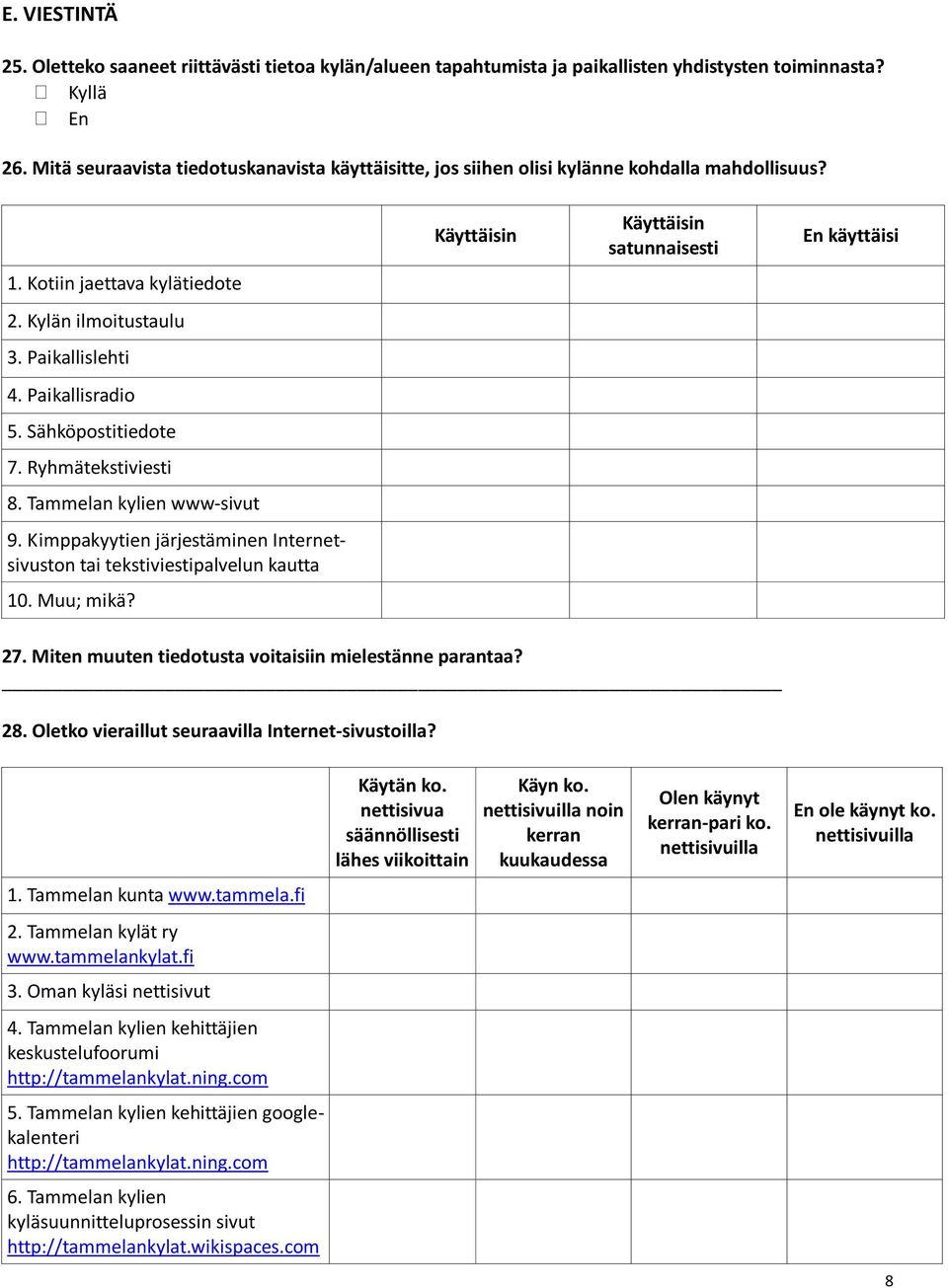 Sähköpostitiedote 7. Ryhmätekstiviesti 8. Tammelan kylien wwwsivut 9. Kimppakyytien järjestäminen Internetsivuston tai tekstiviestipalvelun kautta 10. Muu; mikä?