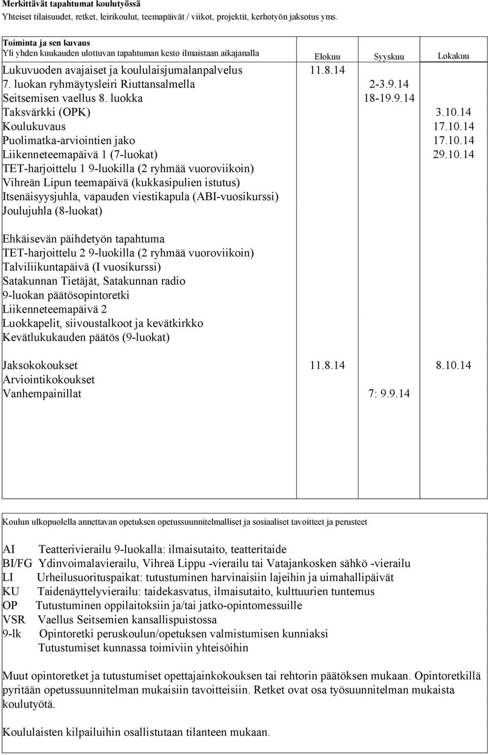 luokan ryhmäytysleiri Riuttansalmella 2-3.9.14 Seitsemisen vaellus 8. luokka 18-19.9.14 Taksvärkki (OPK) 3.10.14 Koulukuvaus 17.10.14 Puolimatka-arviointien jako 17.10.14 Liikenneteemapäivä 1 (7-luokat) 29.