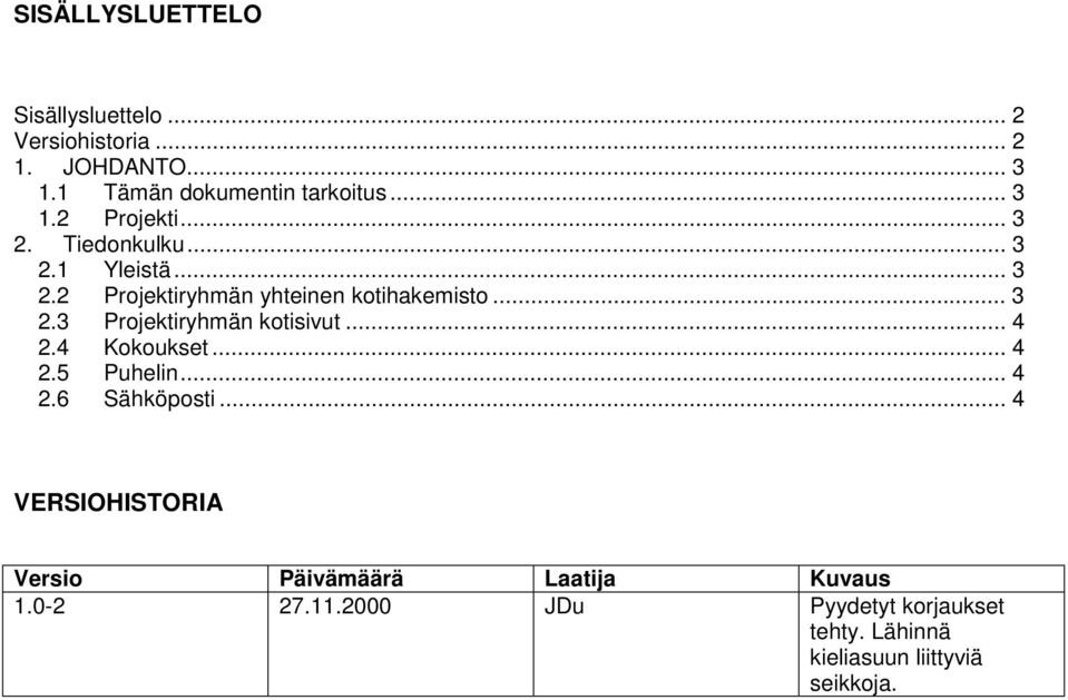 .. 4 2.4 Kokoukset... 4 2.5 Puhelin... 4 2.6 Sähköposti... 4 VERSIOHISTORIA Versio Päivämäärä Laatija Kuvaus 1.