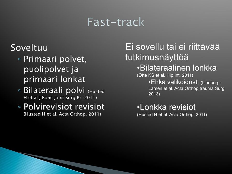 2011) Ei sovellu tai ei riittävää tutkimusnäyttöä Bilateraalinen lonkka (Otte KS et al. Hip Int.