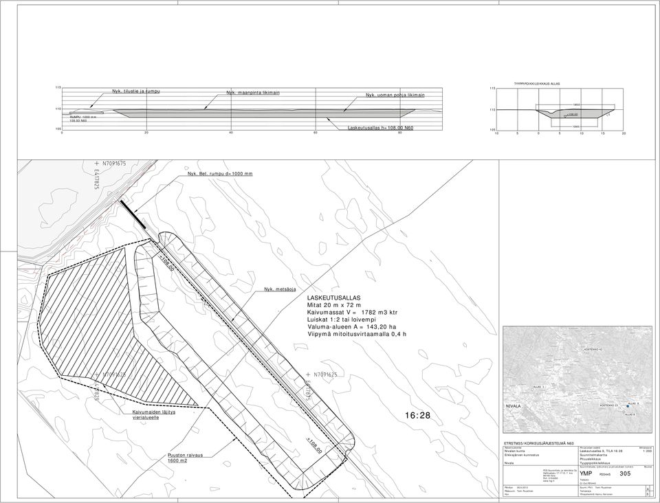 metsäoja LASKEUTUSALLAS Mitat 20 m x 72 m Kaivumassat V = 1782 m3 ktr Luiskat 1:2 tai loivempi Valuma-alueen A = 143,20 ha Viipymä mitoitusvirtaamalla 0,4 h Kaivumaiden läjitys vierialueelle 16:28