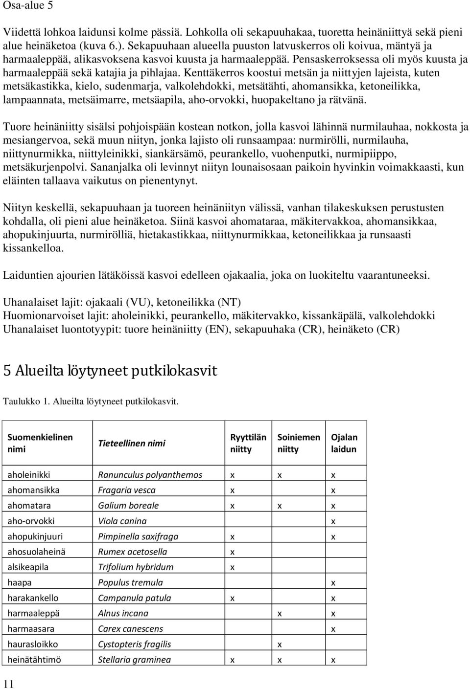 Kenttäkerros koostui metsän ja niittyjen lajeista, kuten metsäkastikka, kielo, sudenmarja, valkolehdokki, metsätähti, ahomansikka, ketoneilikka, lampaannata, metsäimarre, metsäapila, aho-orvokki,