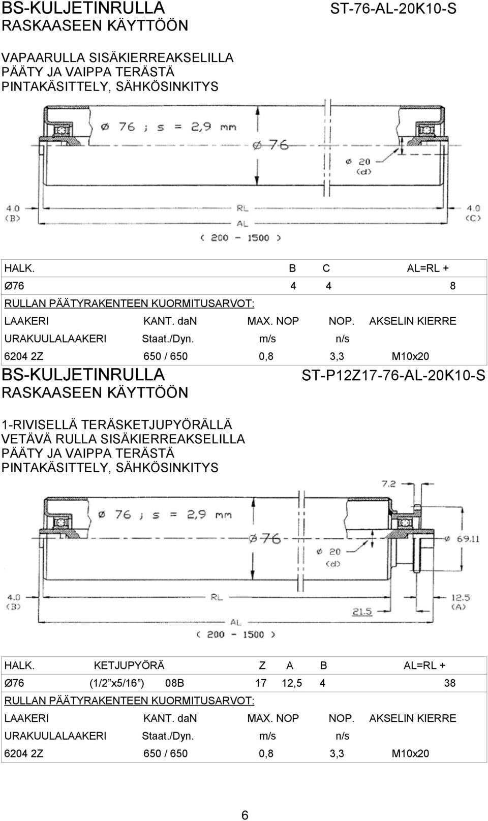 1-RIVISELLÄ TERÄSKETJUPYÖRÄLLÄ ST-P12Z17-76-AL-20K10-S