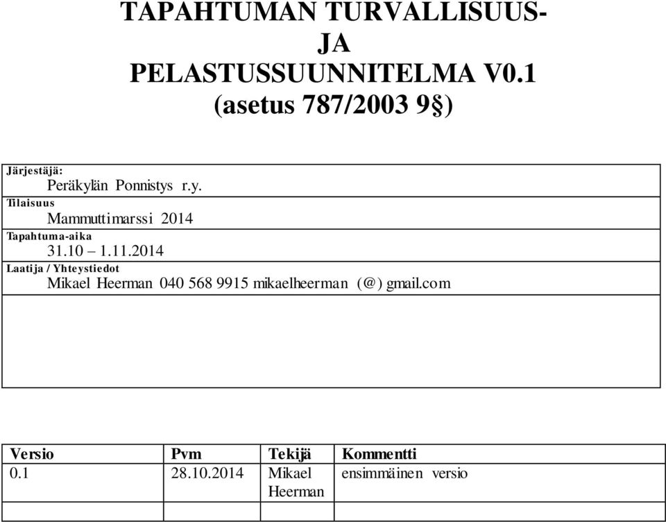 än Ponnistys r.y. Tilaisuus Mammuttimarssi 2014 Tapahtuma-aika 31.10 1.11.