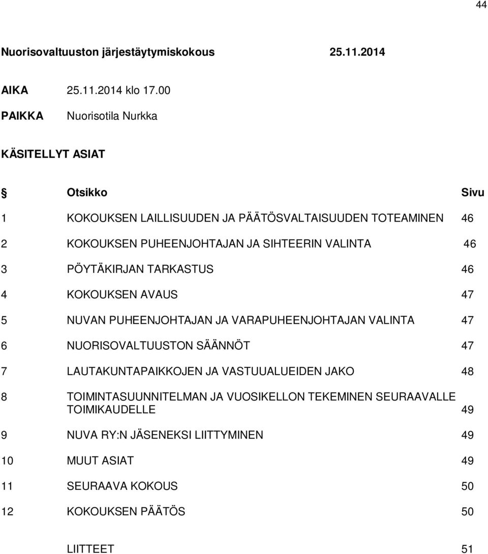 SIHTEERIN VALINTA 46 3 PÖYTÄKIRJAN TARKASTUS 46 4 KOKOUKSEN AVAUS 47 5 NUVAN PUHEENJOHTAJAN JA VARAPUHEENJOHTAJAN VALINTA 47 6 NUORISOVALTUUSTON SÄÄNNÖT