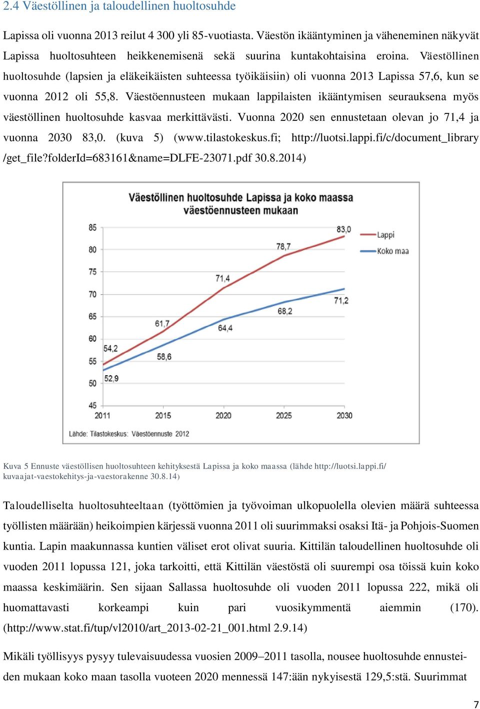 Väestöllinen huoltosuhde (lapsien ja eläkeikäisten suhteessa työikäisiin) oli vuonna 2013 Lapissa 57,6, kun se vuonna 2012 oli 55,8.