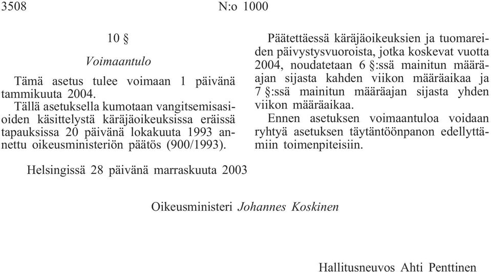 Päätettäessä käräjäoikeuksien ja tuomareiden päivystysvuoroista, jotka koskevat vuotta 2004, noudatetaan 6 :ssä mainitun määräajan sijasta kahden viikon määräaikaa ja 7