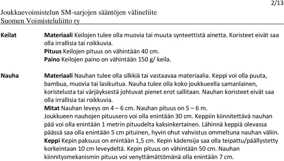 Nauha tulee olla koko joukkueella samanlainen, koristelusta tai värjäyksestä johtuvat pienet erot sallitaan. Nauhan koristeet eivät saa olla irrallisia tai roikkuvia. Mitat Nauhan leveys on 4 6 cm.