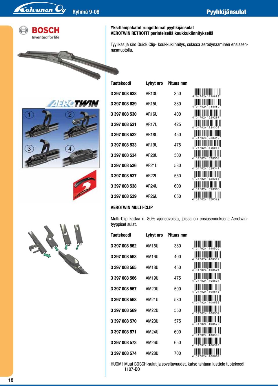 Tuotekoodi Lyhyt nro Pituus mm 3 397 008 638 AR13U 350 3 397 008 639 AR15U 380 3 397 008 530 AR16U 400 3 397 008 531 AR17U 425 3 397 008 532 AR18U 450 3 397 008 533 AR19U 475 3 397 008 534 AR20U 500