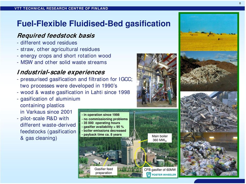 gasification of aluminium containing plastics in Varkaus since 2001 - pilot-scale R&D with different waste-derived feedstocks (gasification & gas cleaning) - in operation since 1998 - no