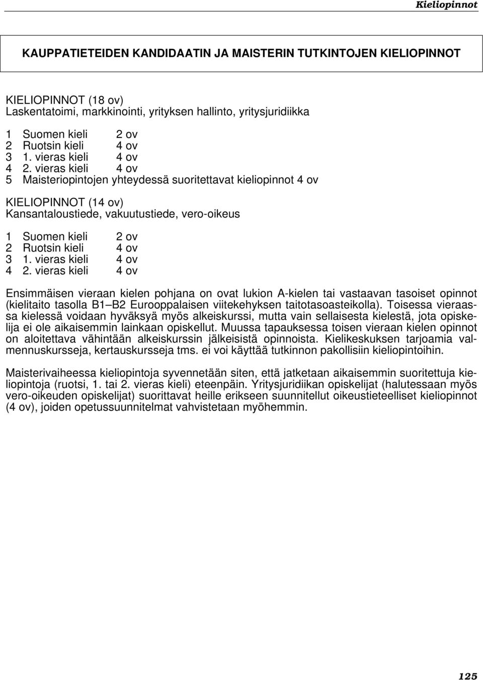 vieras kieli 4 ov 5 Maisteriopintojen yhteydessä suoritettavat kieliopinnot 4 ov KIELIOPINNOT (14 ov) Kansantaloustiede, vakuutustiede, vero-oikeus 1 Suomen kieli 2 ov 2 Ruotsin  vieras kieli 4 ov