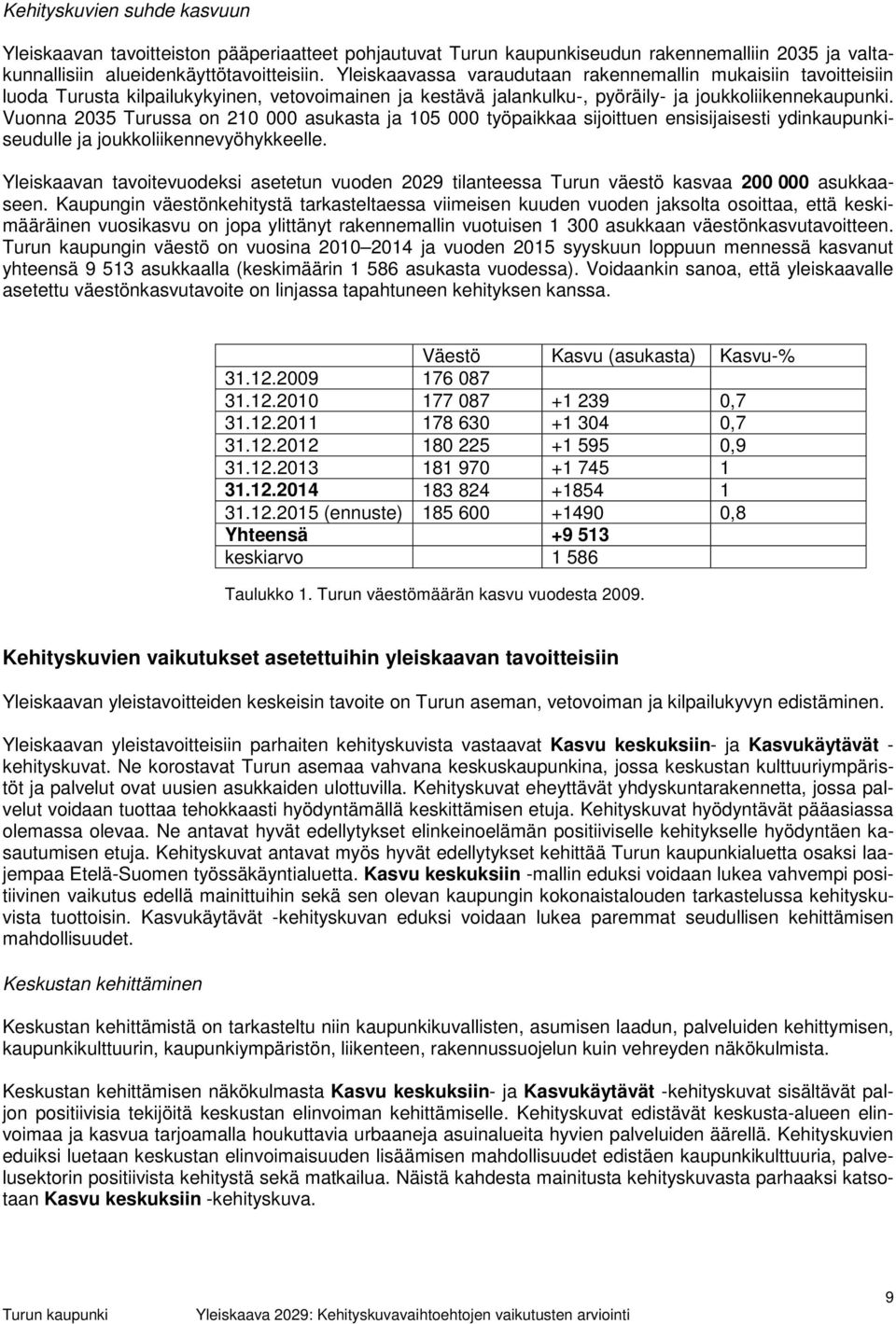 Vuonna 2035 Turussa on 210 000 asukasta ja 105 000 työpaikkaa sijoittuen ensisijaisesti ydinkaupunkiseudulle ja joukkoliikennevyöhykkeelle.