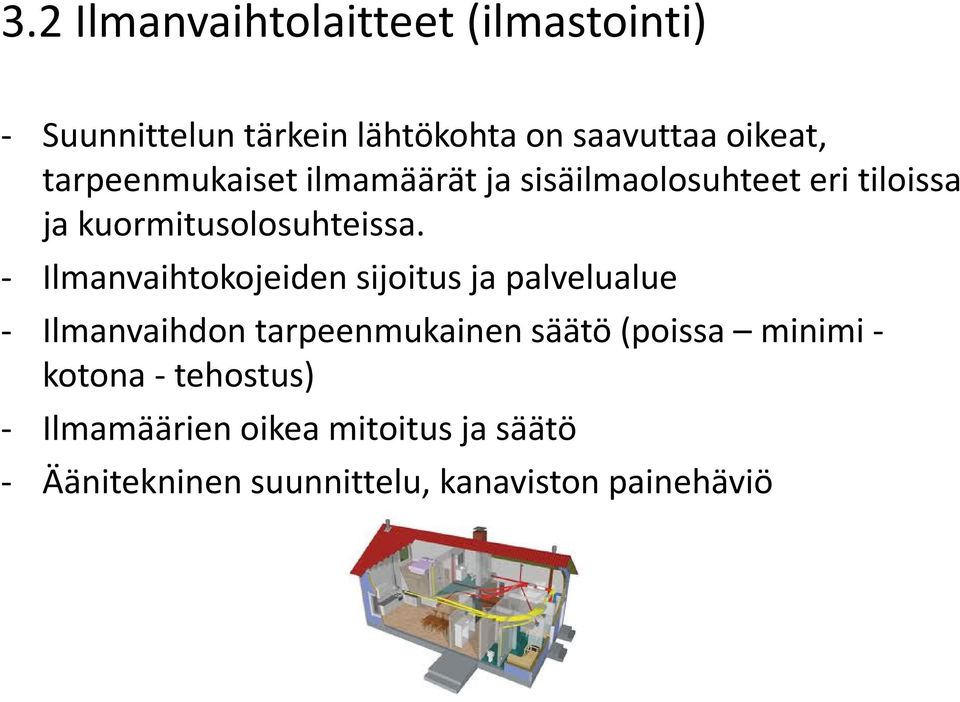 - Ilmanvaihtokojeiden sijoitus ja palvelualue - Ilmanvaihdon tarpeenmukainen säätö (poissa