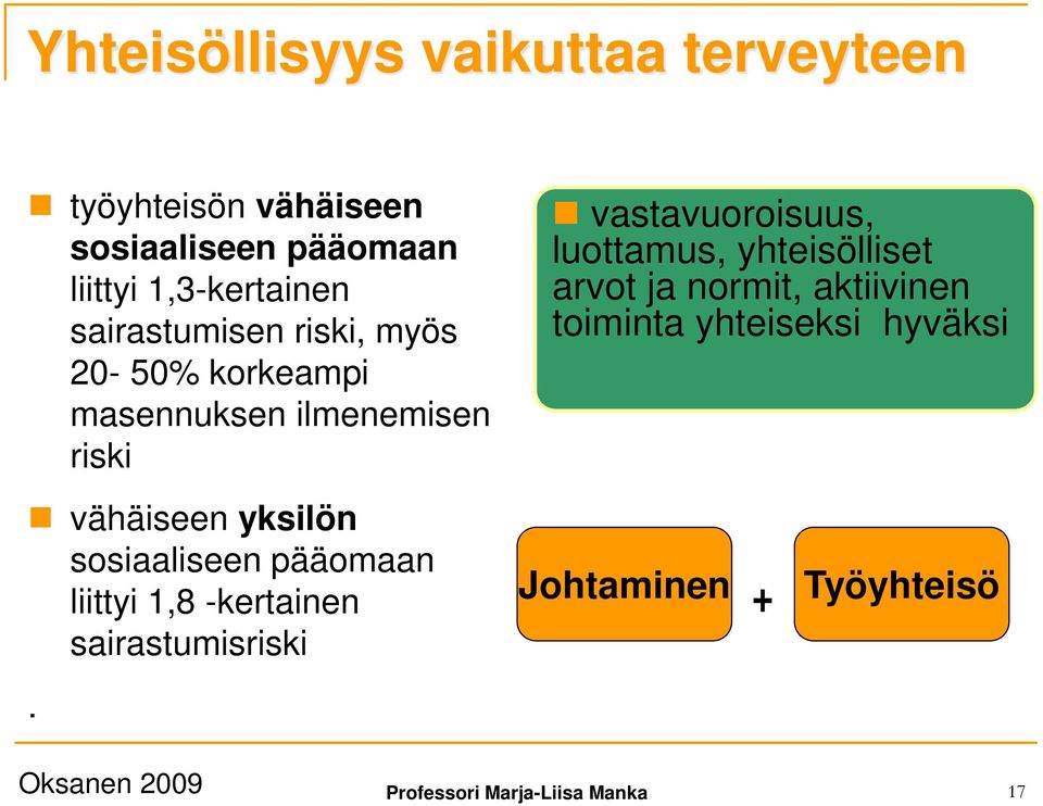 yhteisölliset arvot ja normit, aktiivinen toiminta yhteiseksi hyväksi vähäiseen yksilön sosiaaliseen