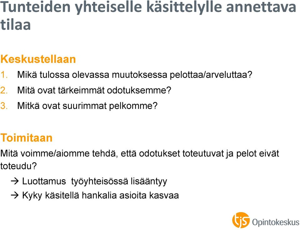 Mitä ovat tärkeimmät odotuksemme? 3. Mitkä ovat suurimmat pelkomme?