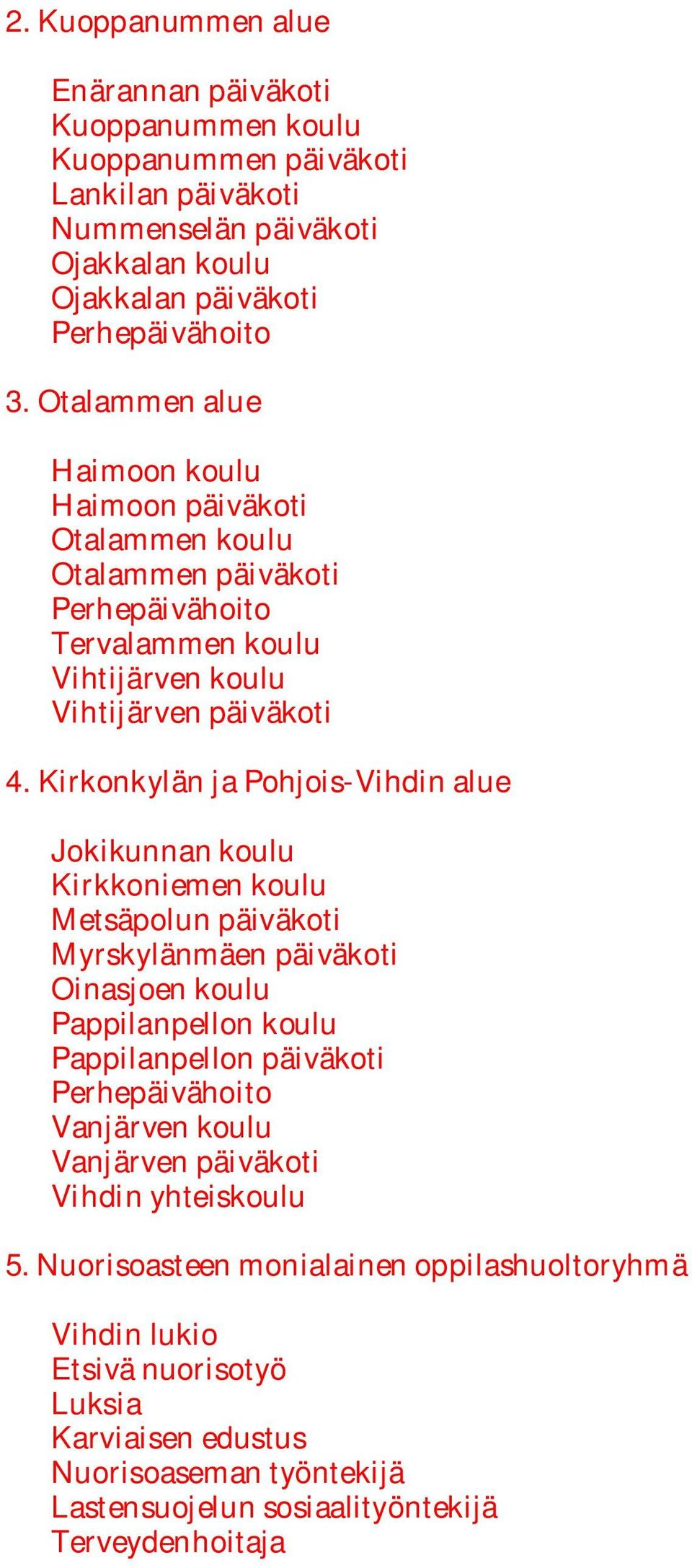 Kirkonkylän ja Pohjois-Vihdin alue Jokikunnan koulu Kirkkoniemen koulu Metsäpolun päiväkoti Myrskylänmäen päiväkoti Oinasjoen koulu Pappilanpellon koulu Pappilanpellon päiväkoti