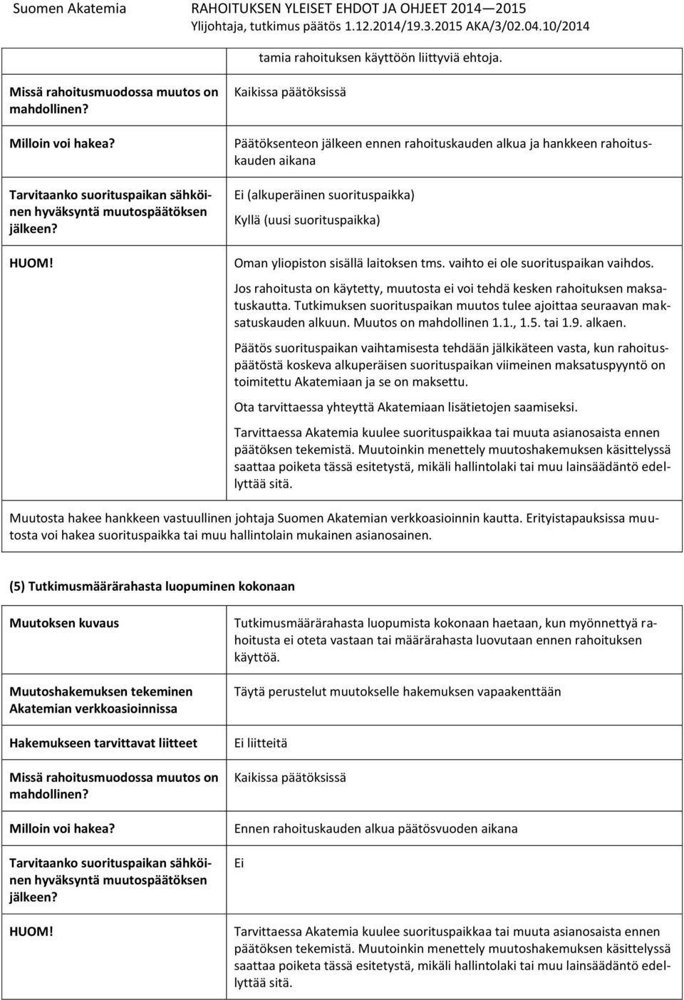 vaihto ei ole suorituspaikan vaihdos. Jos rahoitusta on käytetty, muutosta ei voi tehdä kesken rahoituksen maksatuskautta.