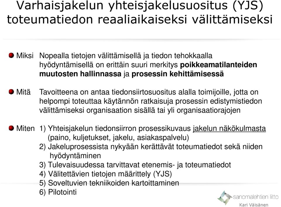 edistymistiedon välittämiseksi organisaation sisällä tai yli organisaatiorajojen Miten 1) Yhteisjakelun tiedonsiirron prosessikuvaus jakelun näkökulmasta (paino, kuljetukset, jakelu, asiakaspalvelu)