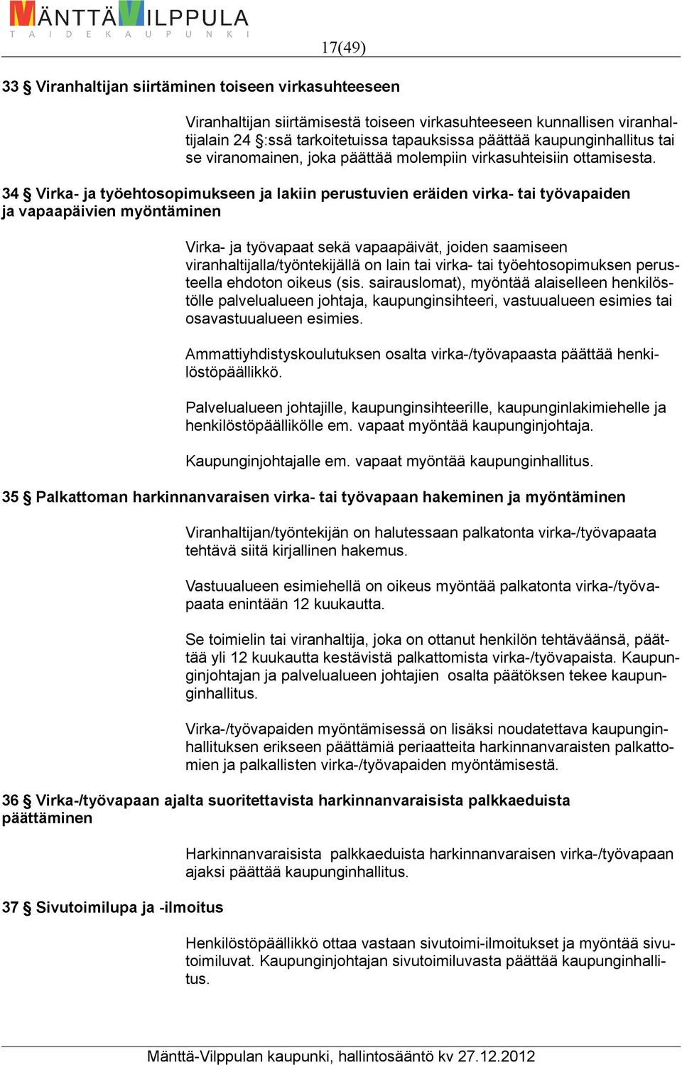 34 Virka- ja työehtosopimukseen ja lakiin perustuvien eräiden virka- tai työvapaiden ja vapaapäivien myöntäminen Virka- ja työvapaat sekä vapaapäivät, joiden saamiseen viranhaltijalla/työntekijällä