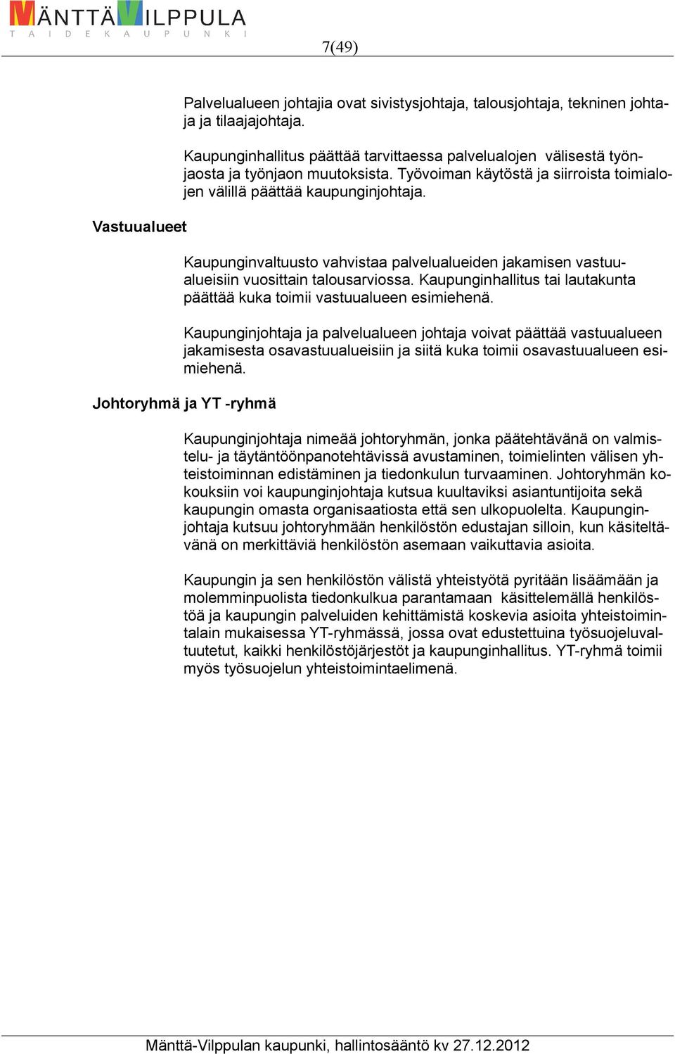 Kaupunginhallitus tai lautakunta päättää kuka toimii vastuualueen esimiehenä.