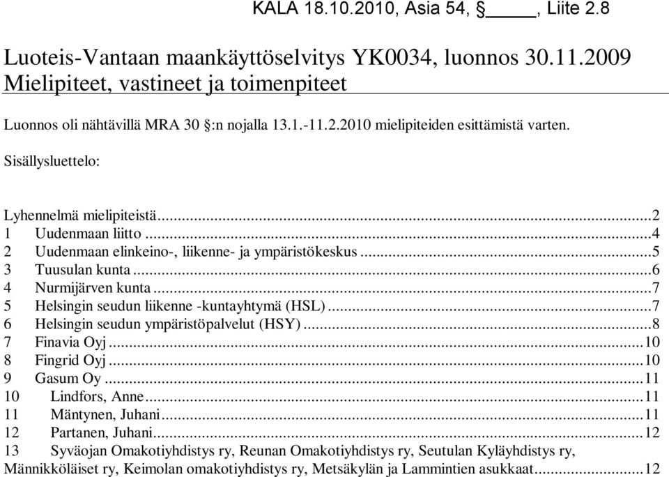 ..6 4 Nurmijärven kunta...7 5 Helsingin seudun liikenne -kuntayhtymä (HSL)...7 6 Helsingin seudun ympäristöpalvelut (HSY)...8 7 Finavia Oyj...10 8 Fingrid Oyj...10 9 Gasum Oy...11 10 Lindfors, Anne.