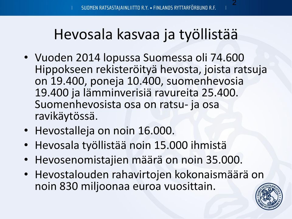 400 ja lämminverisiä ravureita 25.400. Suomenhevosista osa on ratsu- ja osa ravikäytössä.