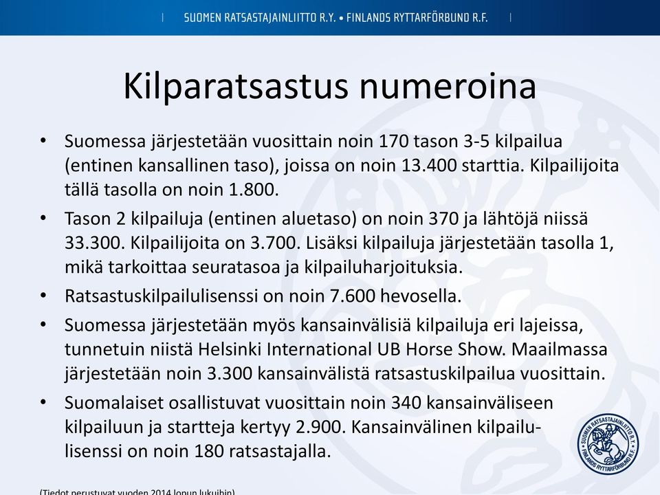 Ratsastuskilpailulisenssi on noin 7.600 hevosella. Suomessa järjestetään myös kansainvälisiä kilpailuja eri lajeissa, tunnetuin niistä Helsinki International UB Horse Show.