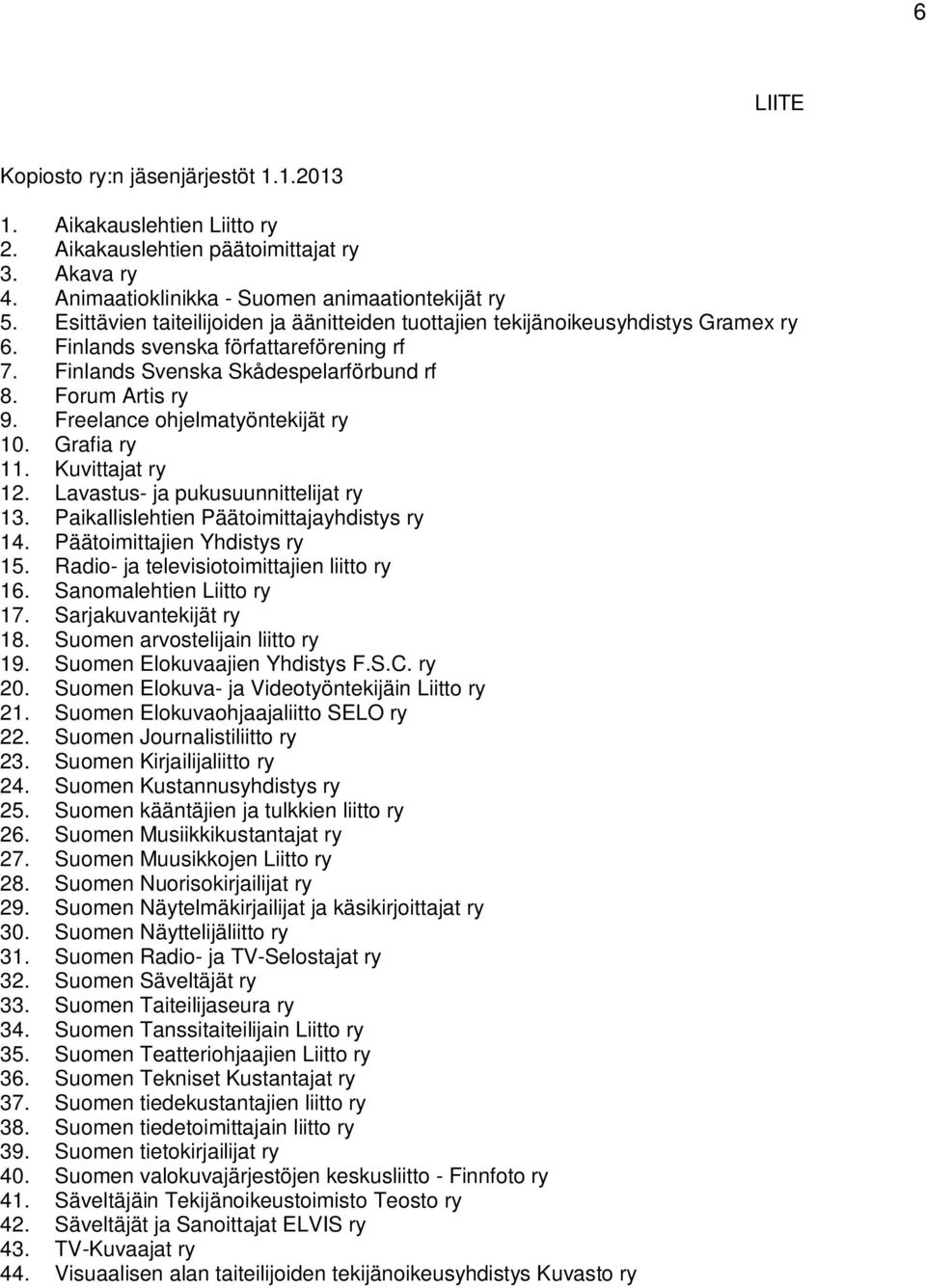 Freelance ohjelmatyöntekijät ry 10. Grafia ry 11. Kuvittajat ry 12. Lavastus- ja pukusuunnittelijat ry 13. Paikallislehtien Päätoimittajayhdistys ry 14. Päätoimittajien Yhdistys ry 15.