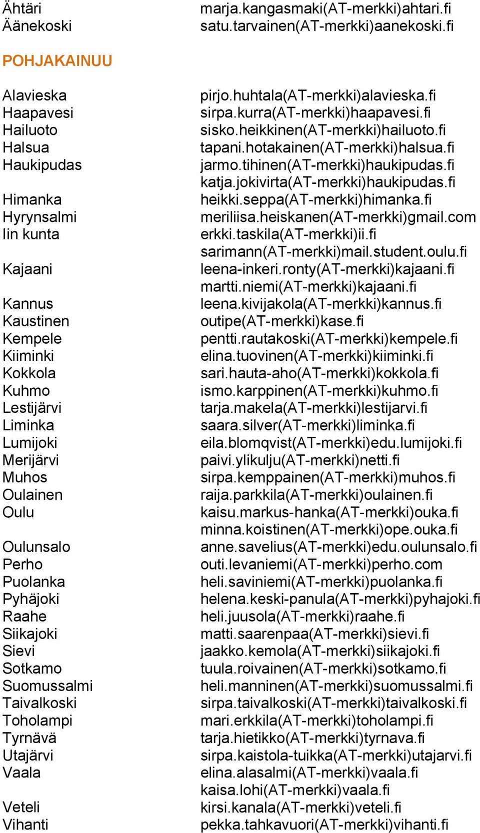 tarvainen(at-merkki)aanekoski.fi pirjo.huhtala(at-merkki)alavieska.fi sirpa.kurra(at-merkki)haapavesi.fi sisko.heikkinen(at-merkki)hailuoto.fi tapani.hotakainen(at-merkki)halsua.fi jarmo.