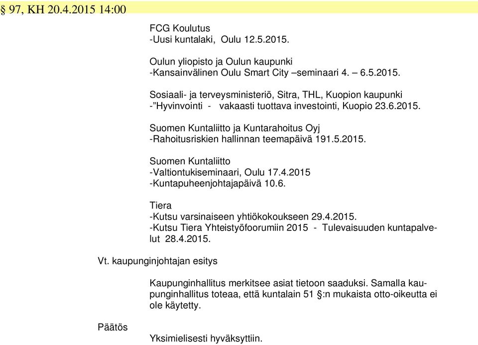 4.2015. -Kutsu Tiera Yhteistyöfoorumiin 2015 - Tulevaisuuden kuntapalvelut 28.4.2015. Vt. kaupunginjohtajan esitys Kaupunginhallitus merkitsee asiat tietoon saaduksi.