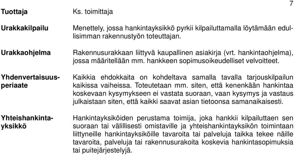 Rakennusurakkaan liittyvä kaupallinen asiakirja (vrt. hankintaohjelma), jossa määritellään mm. hankkeen sopimusoikeudelliset velvoitteet.