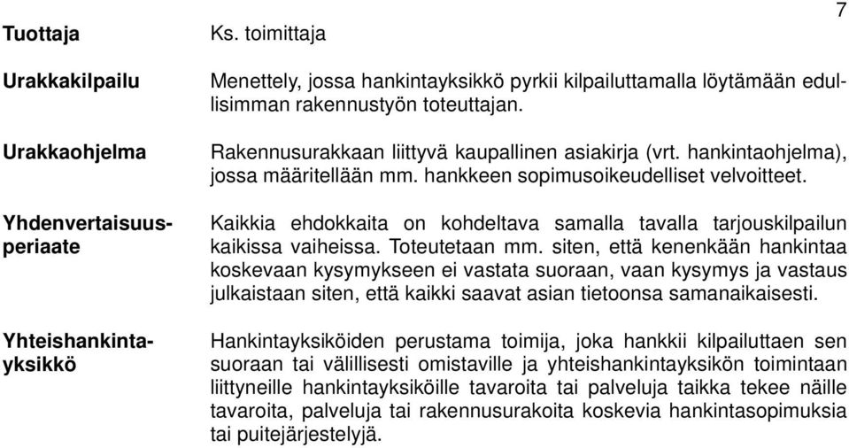 Rakennusurakkaan liittyvä kaupallinen asiakirja (vrt. hankintaohjelma), jossa määritellään mm. hankkeen sopimusoikeudelliset velvoitteet.