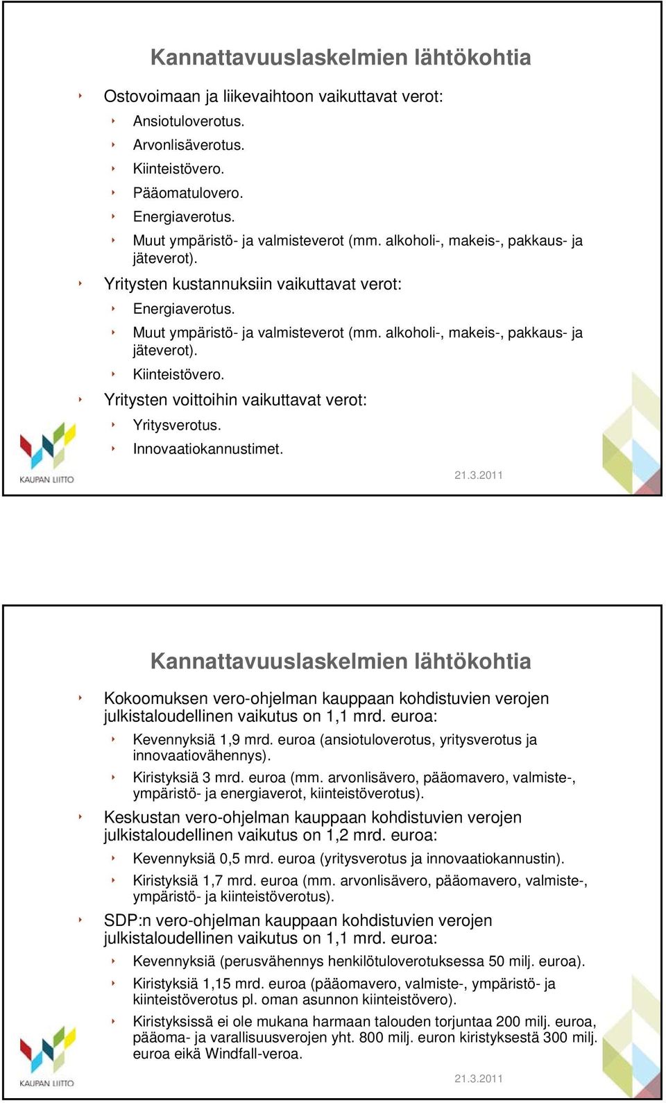 alkoholi-, makeis-, pakkaus- ja jäteverot). Kiinteistövero. Yritysten voittoihin vaikuttavat verot: Yritysverotus. Innovaatiokannustimet.