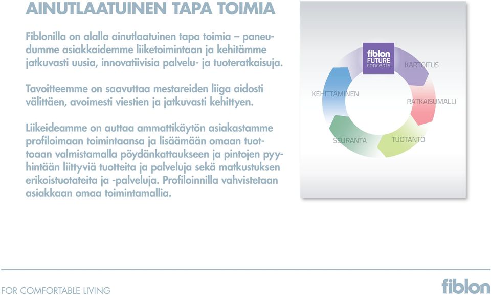 KEHITTÄMINEN RATKAISUMALLI Liikeideamme on auttaa ammattikäytön asiakastamme profiloimaan toimintaansa ja lisäämään omaan tuottoaan valmistamalla pöydänkattaukseen