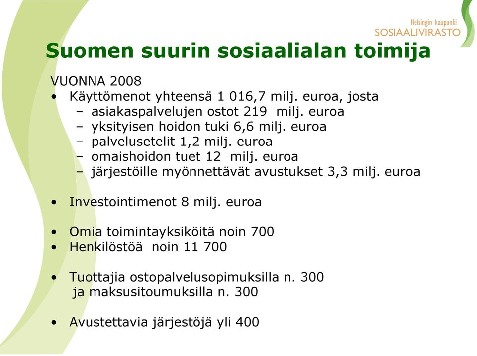 euroa omaishoidon tuet 12 milj. euroa järjestöille myönnettävät avustukset 3,3 milj. euroa Investointimenot 8 milj.