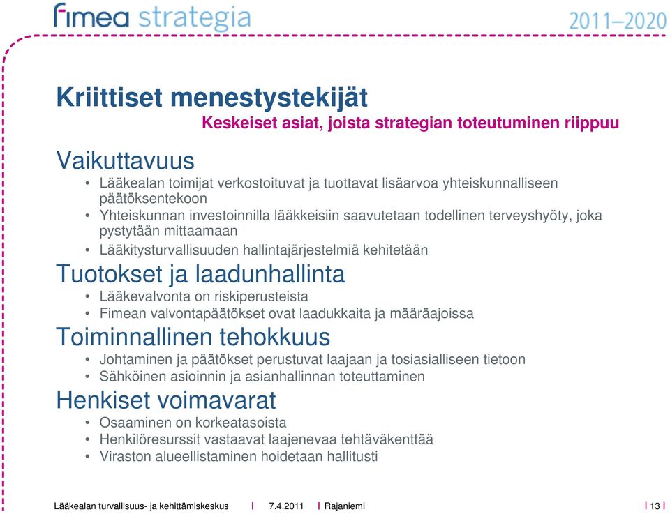 Lääkevalvonta on riskiperusteista Fimean valvontapäätökset ovat laadukkaita ja määräajoissa Toiminnallinen tehokkuus Johtaminen ja päätökset perustuvat laajaan ja tosiasialliseen tietoon