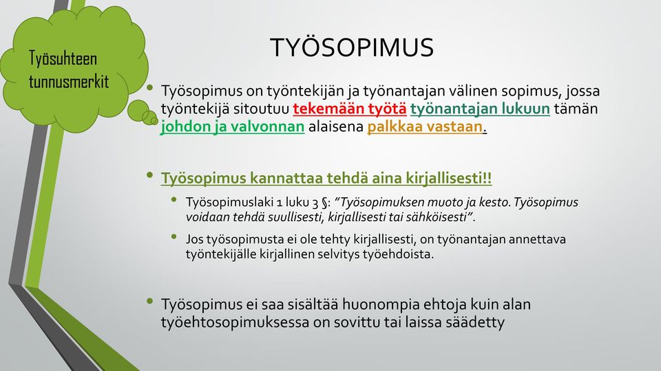 ! Työsopimuslaki 1 luku 3 : Työsopimuksen muoto ja kesto. Työsopimus voidaan tehdä suullisesti, kirjallisesti tai sähköisesti.