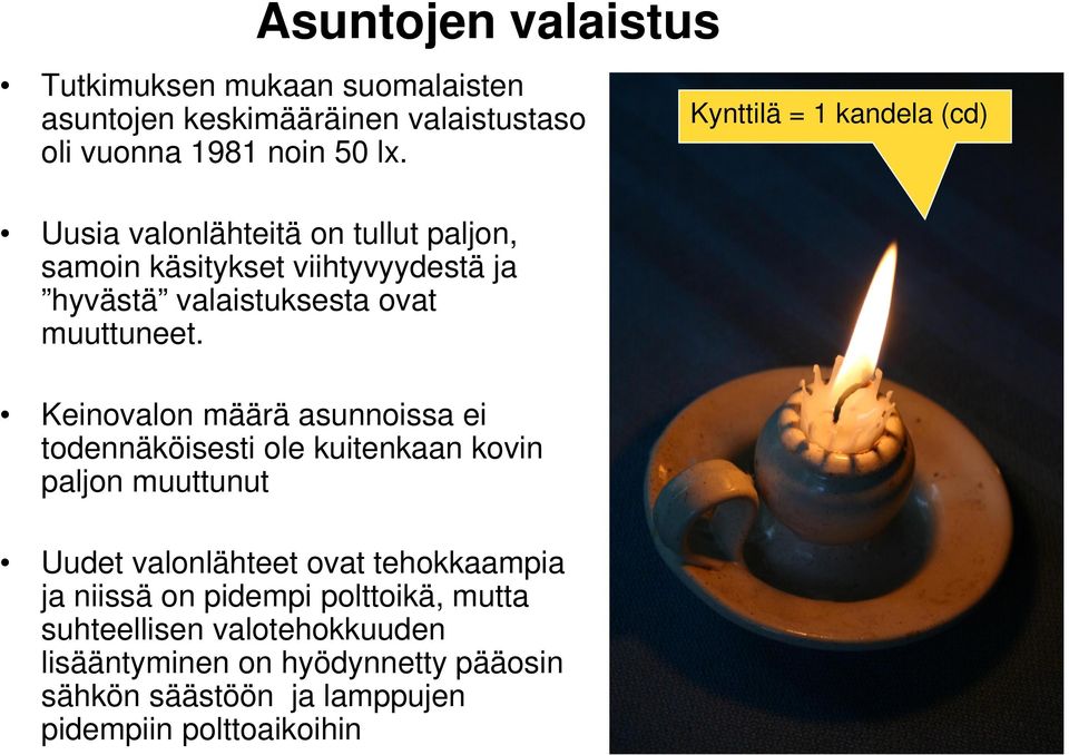 Keinovalon määrä asunnoissa ei todennäköisesti ole kuitenkaan kovin paljon muuttunut Uudet valonlähteet ovat tehokkaampia ja niissä on