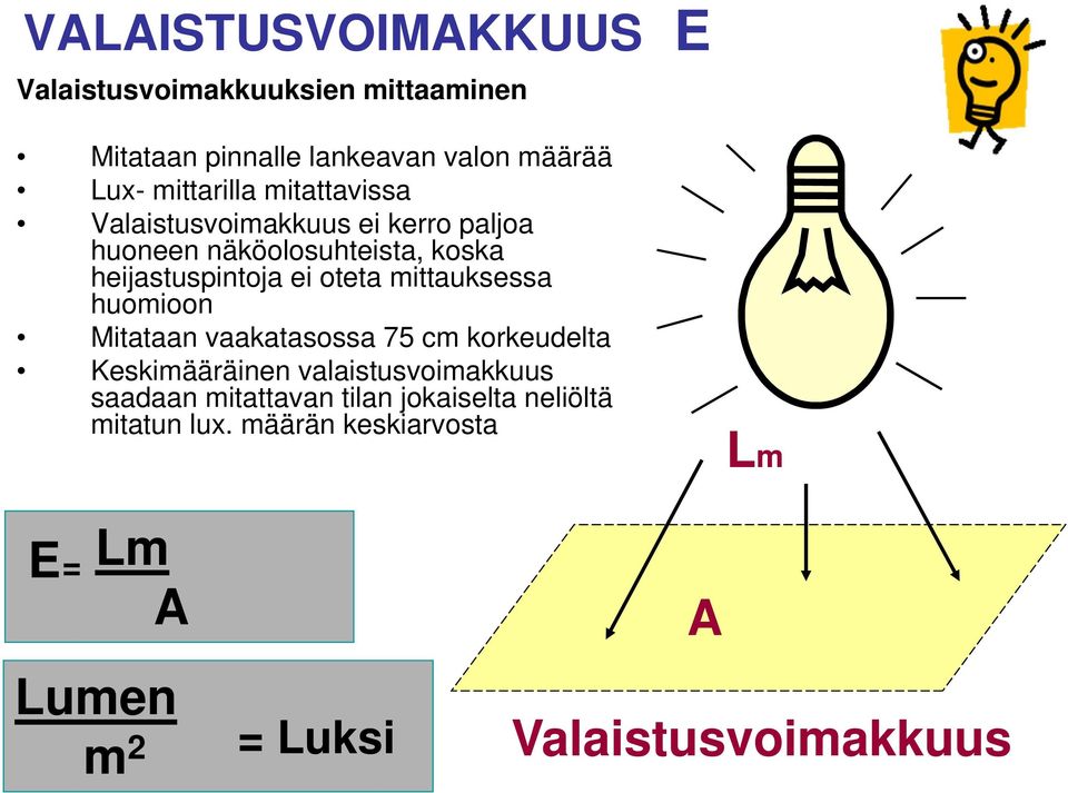 oteta mittauksessa huomioon Mitataan vaakatasossa 75 cm korkeudelta Keskimääräinen valaistusvoimakkuus saadaan