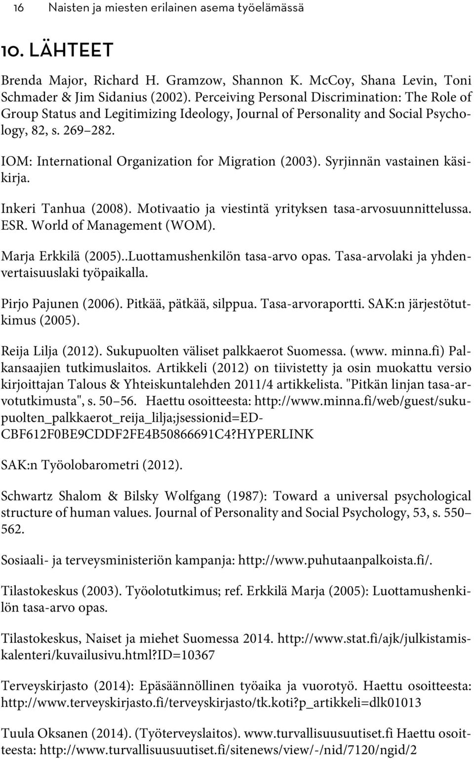 IOM: International Organization for Migration (2003). Syrjinnän vastainen käsikirja. Inkeri Tanhua (2008). Motivaatio ja viestintä yrityksen tasa-arvosuunnittelussa. ESR. World of Management (WOM).