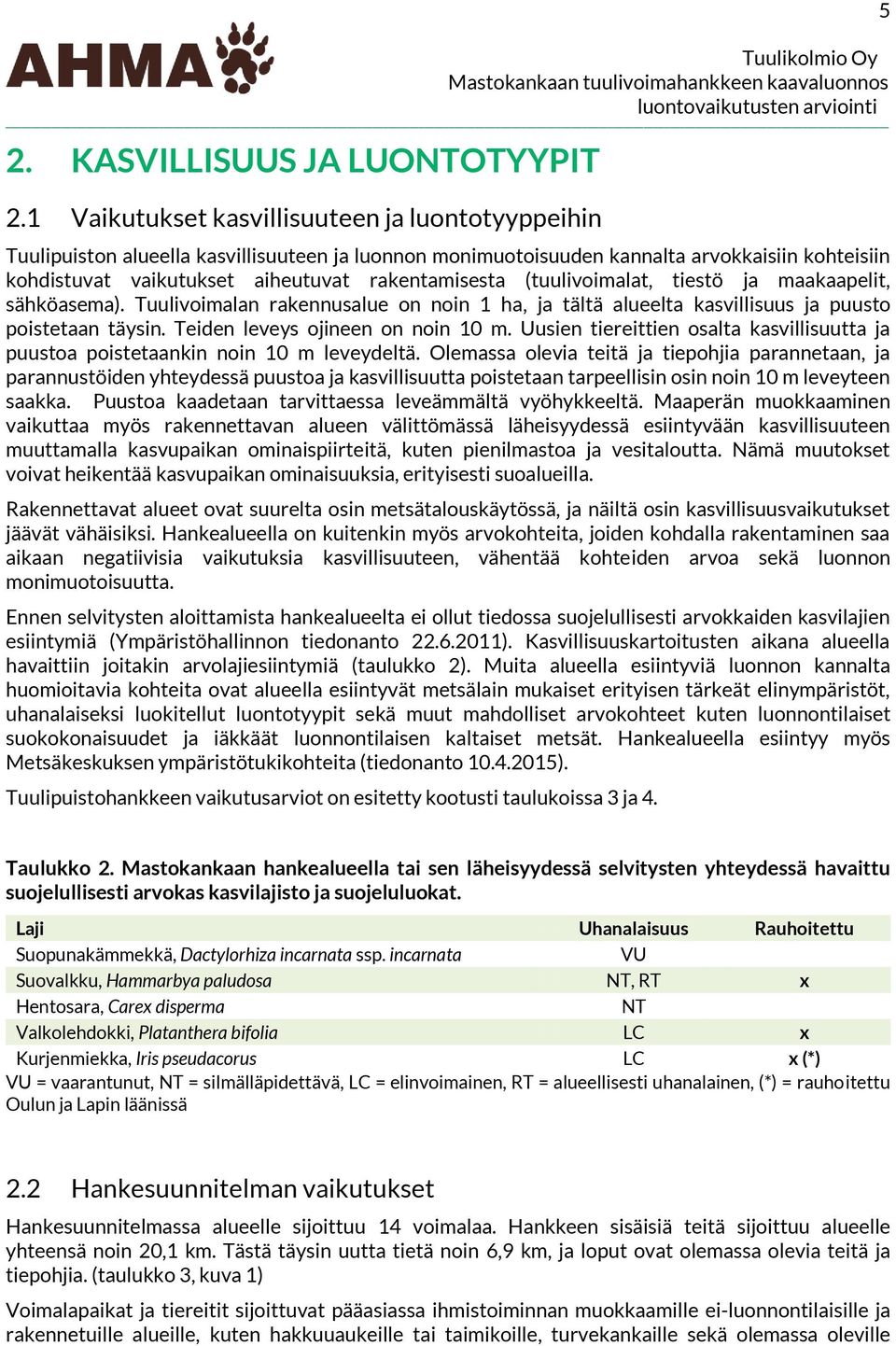 (tuulivoimalat, tiestö ja maakaapelit, sähköasema). Tuulivoimalan rakennusalue on noin 1 ha, ja tältä alueelta kasvillisuus ja puusto poistetaan täysin. Teiden leveys ojineen on noin 10 m.