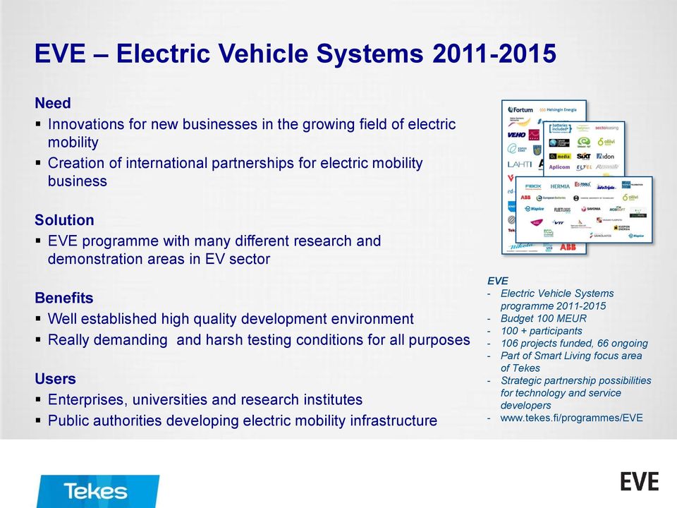 purposes Users Enterprises, universities and research institutes Public authorities developing electric mobility infrastructure EVE - Electric Vehicle Systems programme 2011-2015 - Budget 100 MEUR -