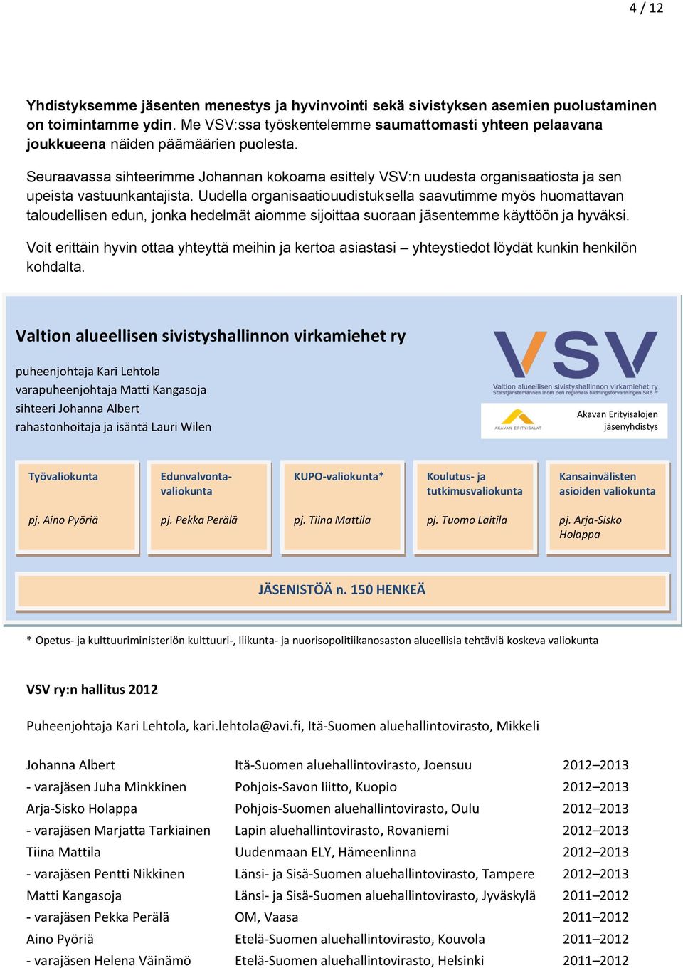 Seuraavassa sihteerimme Johannan kokoama esittely VSV:n uudesta organisaatiosta ja sen upeista vastuunkantajista.