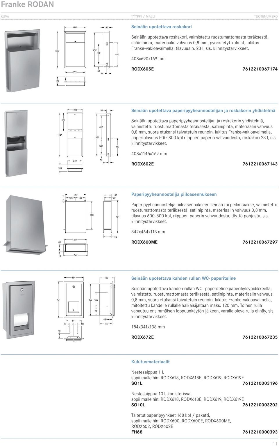 408x690x169 mm RODX605e 7612210067174 Seinään upotettava paperipyyheannostelijan ja roskakorin yhdistelmä Seinään upotettava paperipyyheannostelijan ja roskakorin yhdistelmä, valmistettu