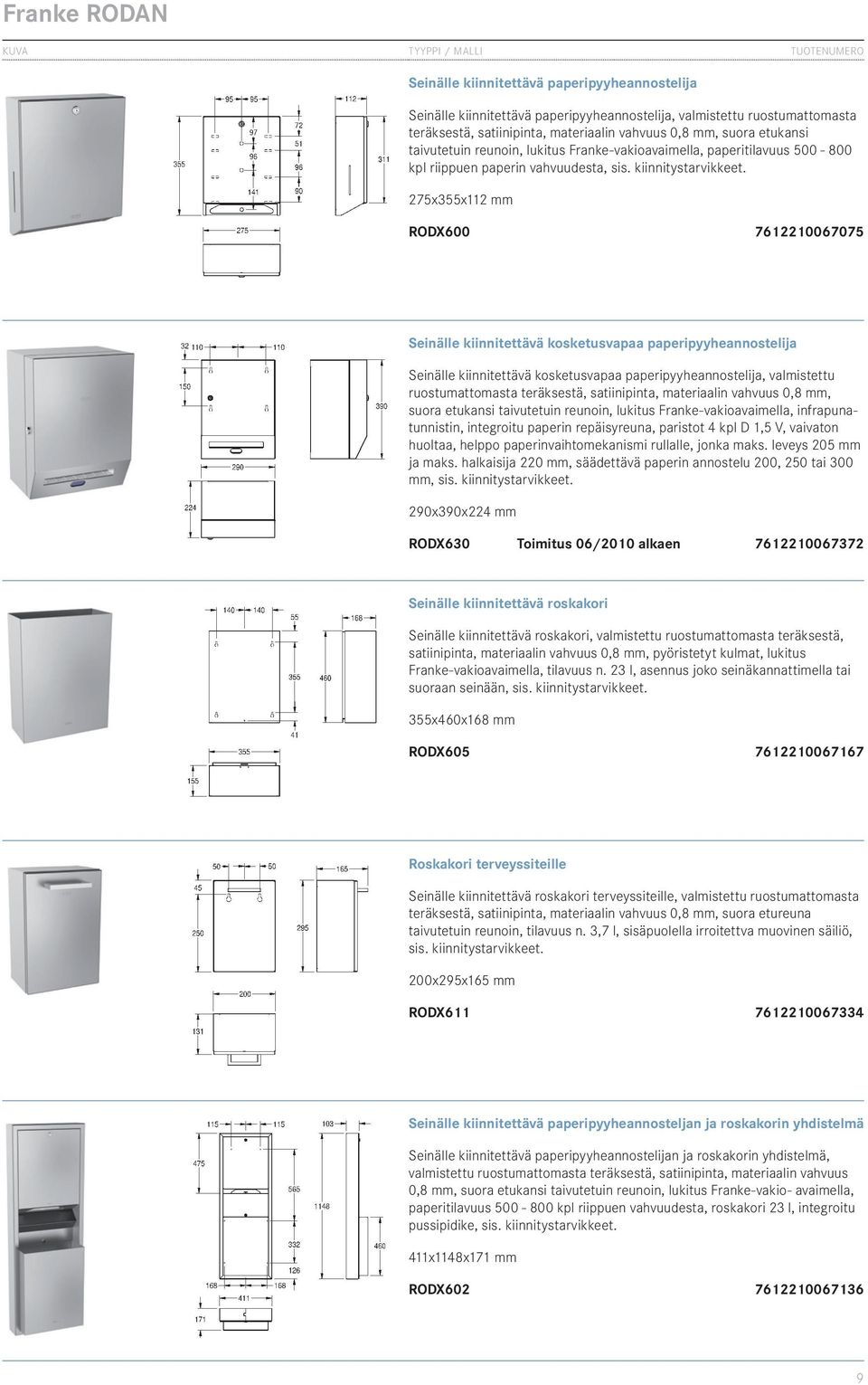 275x355x112 mm RODX600 7612210067075 Seinälle kiinnitettävä kosketusvapaa paperipyyheannostelija Seinälle kiinnitettävä kosketusvapaa paperipyyheannostelija, valmistettu ruostumattomasta teräksestä,