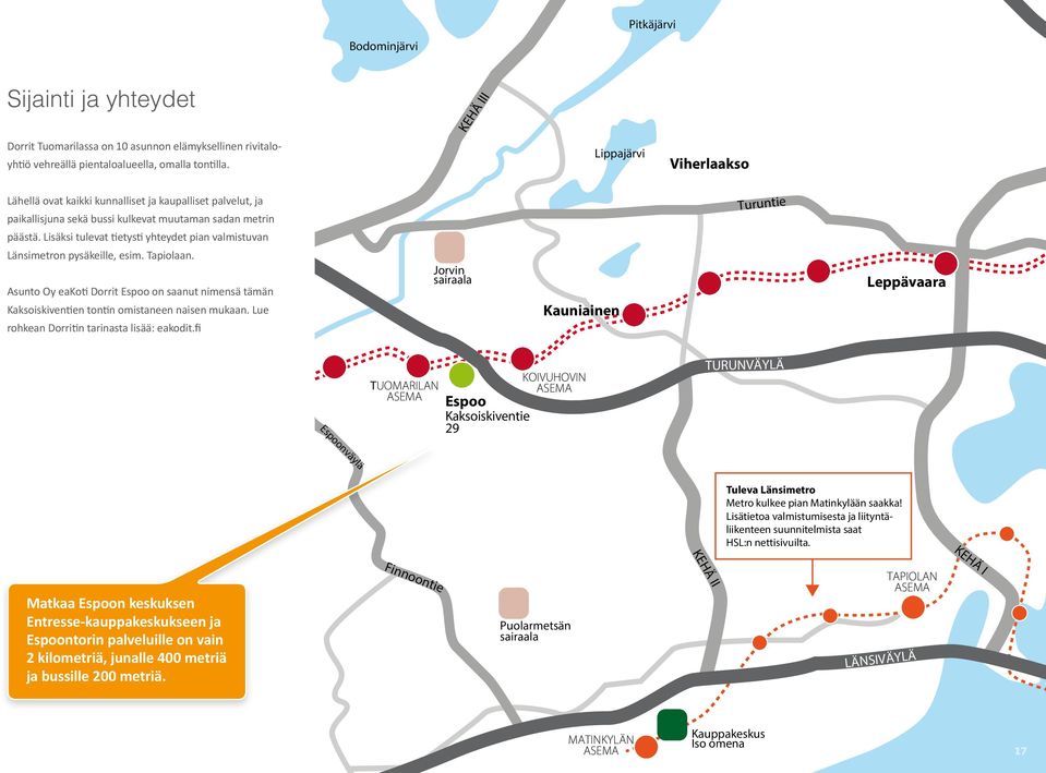 Lisäksi tulevat tietysti yhteydet pian valmistuvan Länsimetron pysäkeille, esim. Tapiolaan. Asunto Oy eakoti Dorrit Espoo on saanut nimensä tämän Kaksoiskiventien tontin omistaneen naisen mukaan.