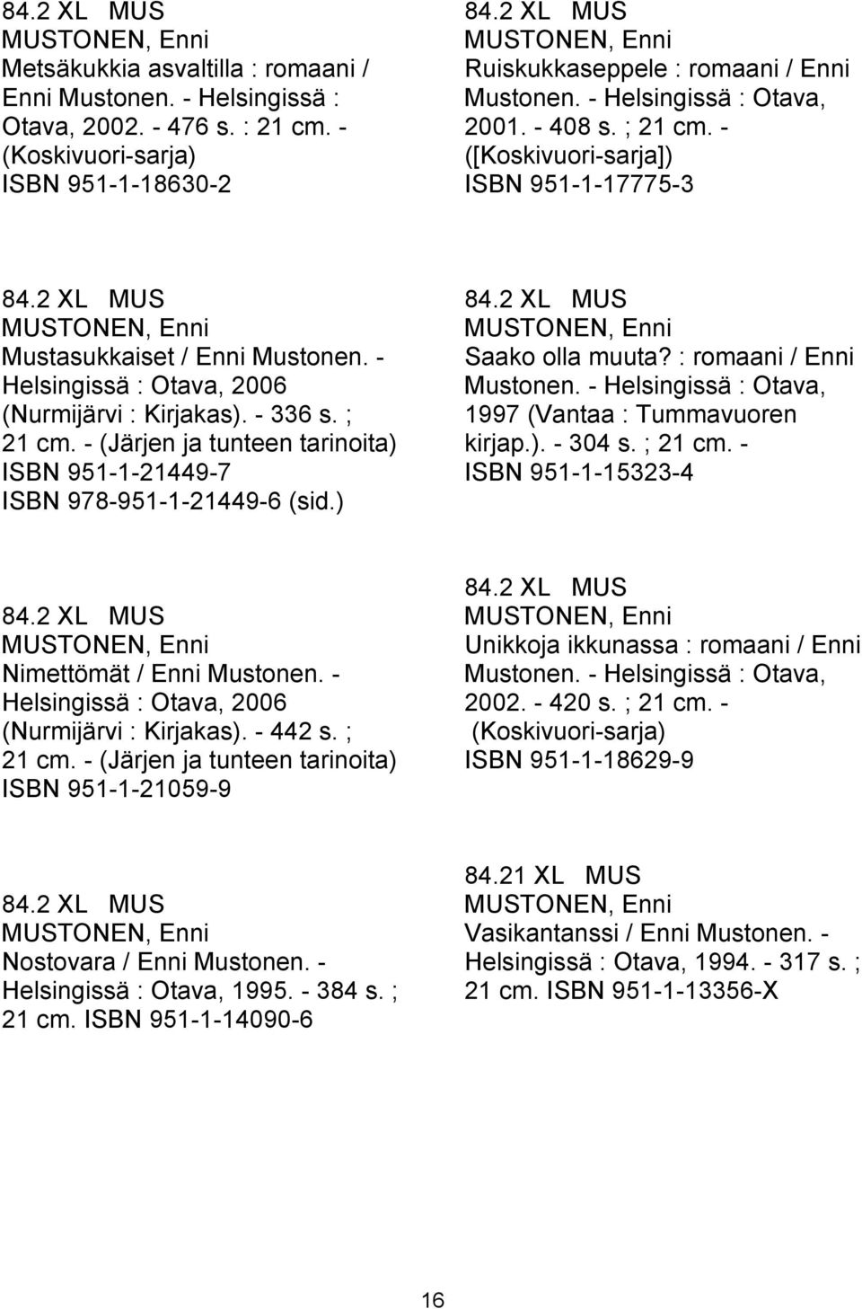 2 XL MUS MUSTONEN, Enni Mustasukkaiset / Enni Mustonen. - Helsingissä : Otava, 2006 (Nurmijärvi : Kirjakas). - 336 s. ; 21 cm.